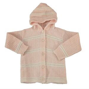 70s Vintage Blue Bird InfantPink &‎ White Knit Hooded Hand Knit Cardigan Sweater